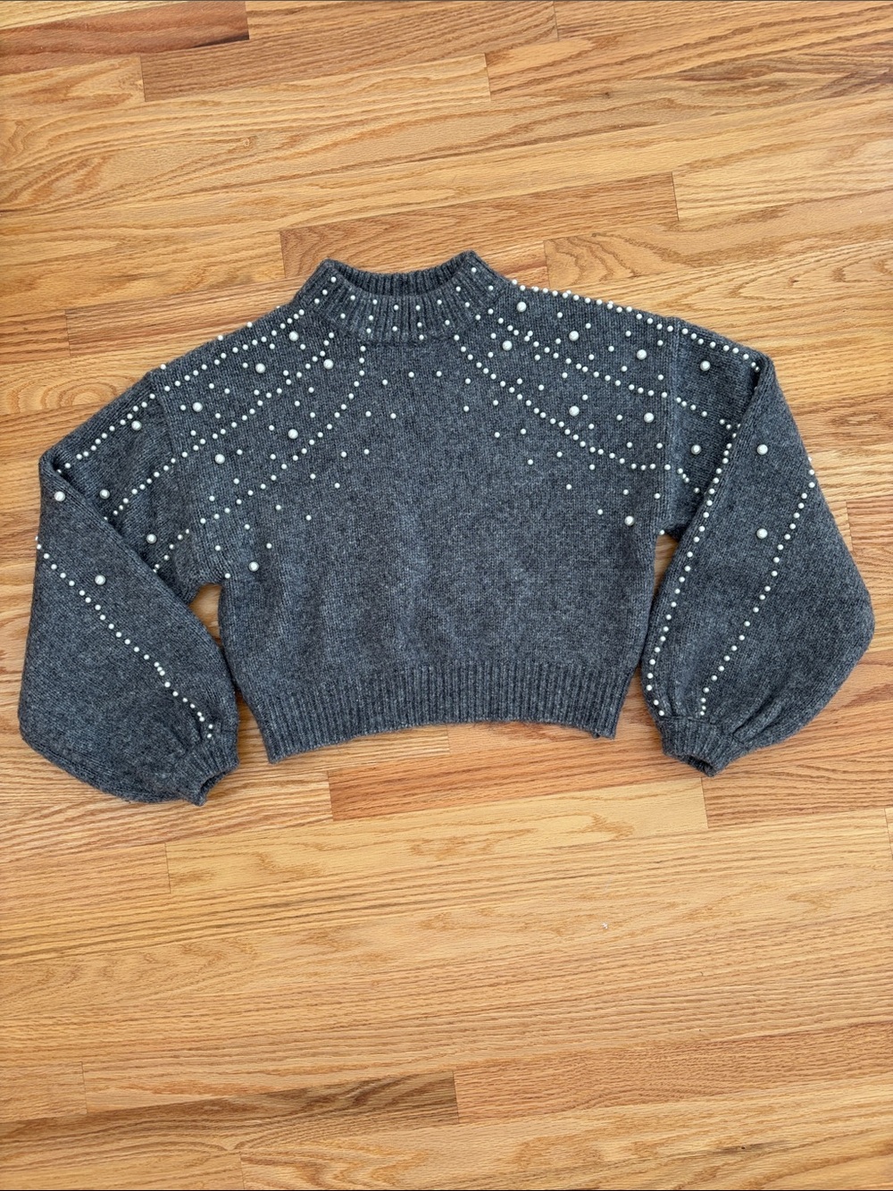 Zara Charcoal Gray Pearl-Embellished Cropped Turtleneck Sweater